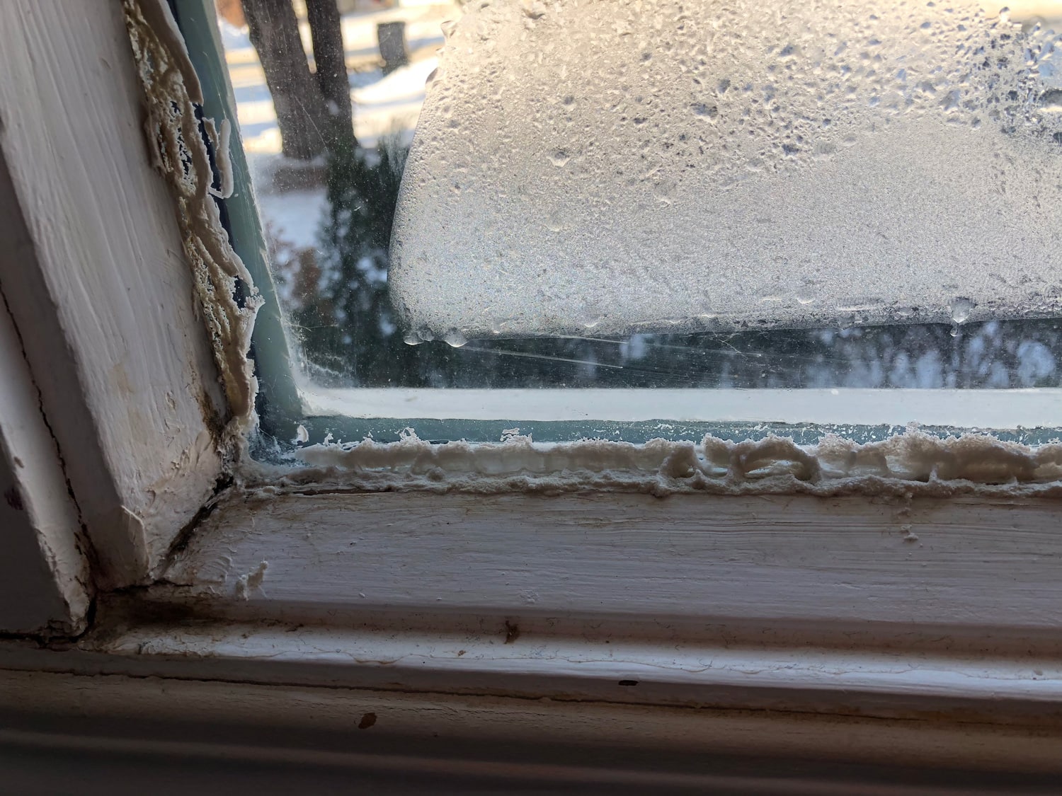 Old windows in a home suffering from moisture problems.