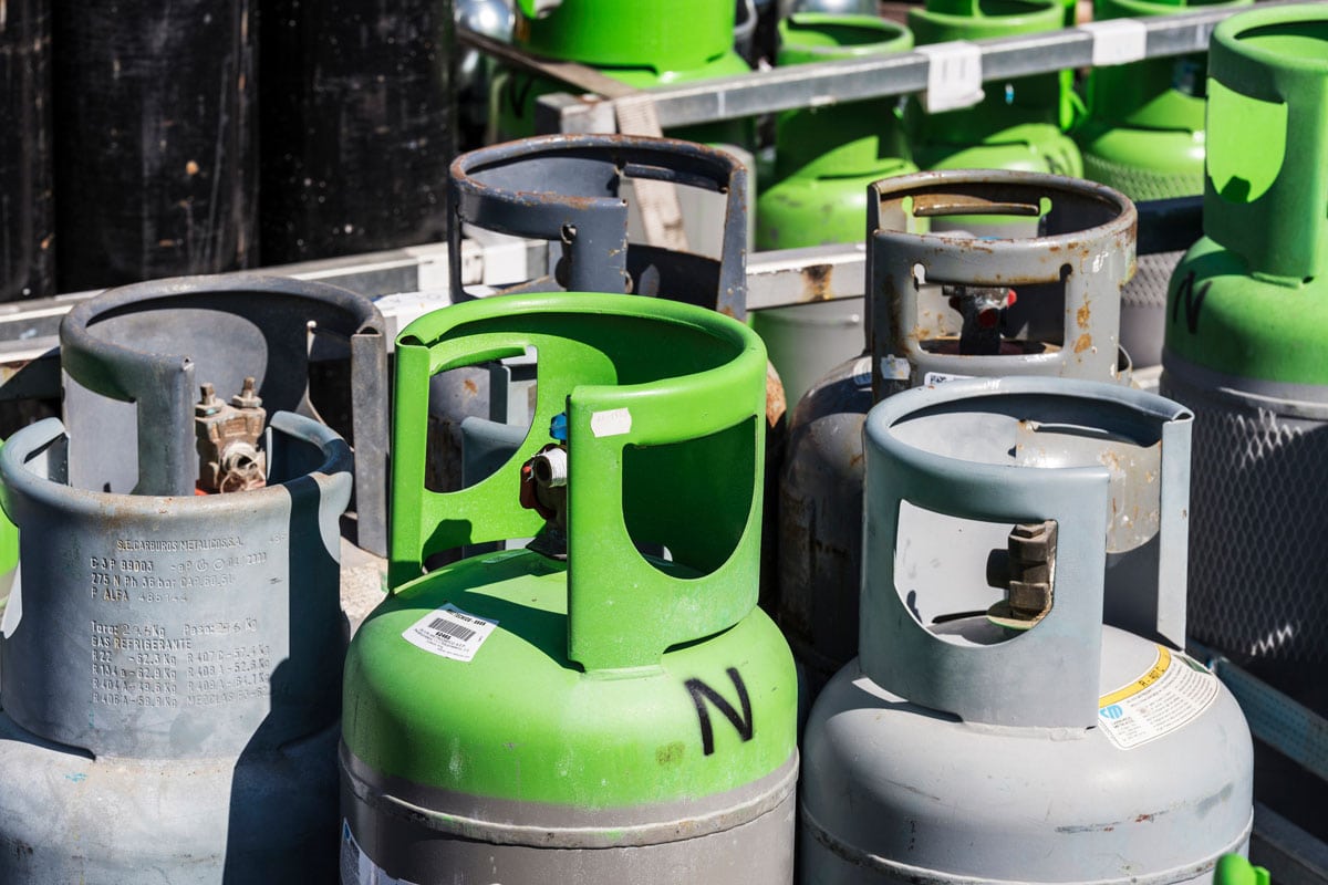Refrigerant gas cylinders ready for transport