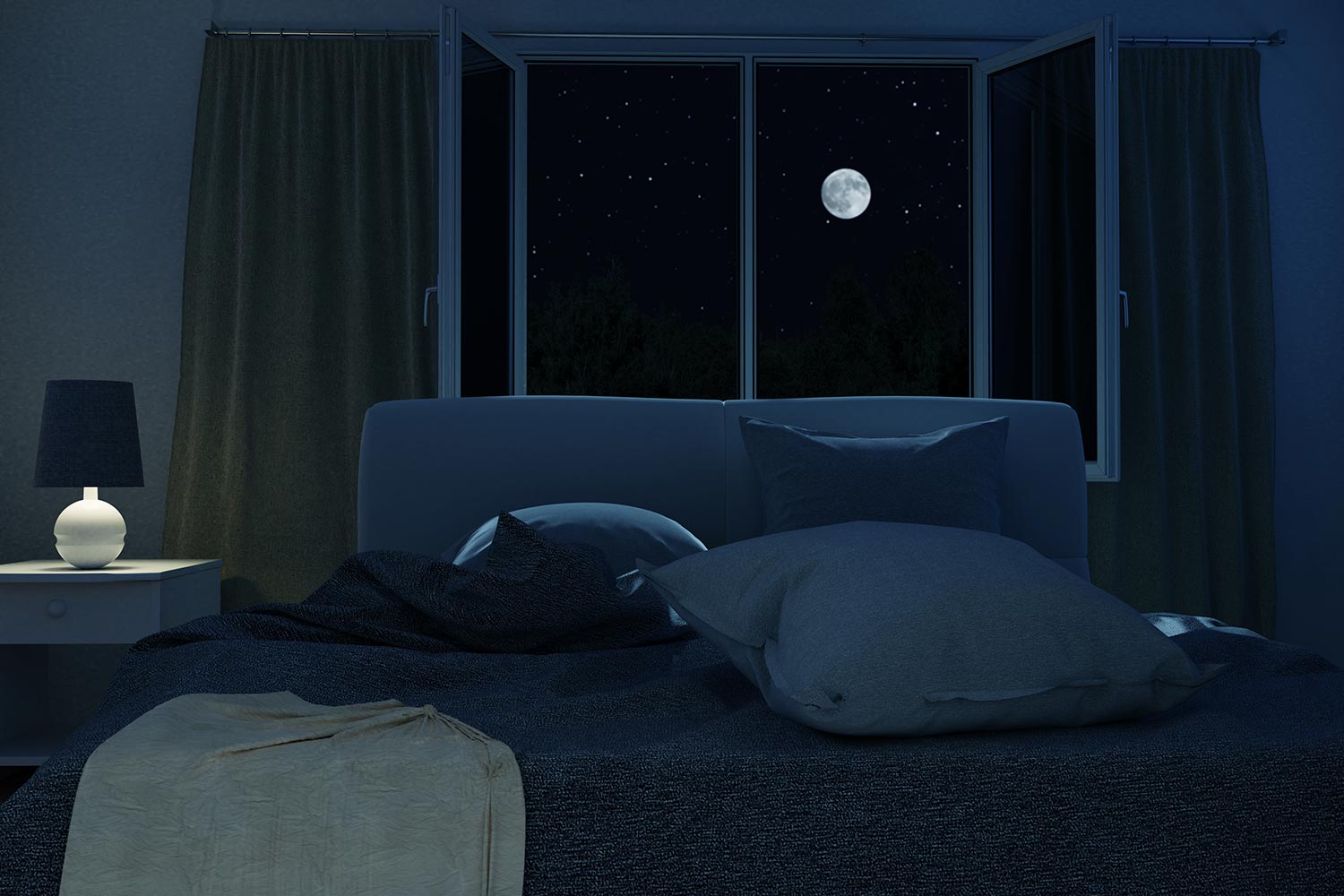 Rendering of bedroom with unmade and rumpled bed in the full moon night