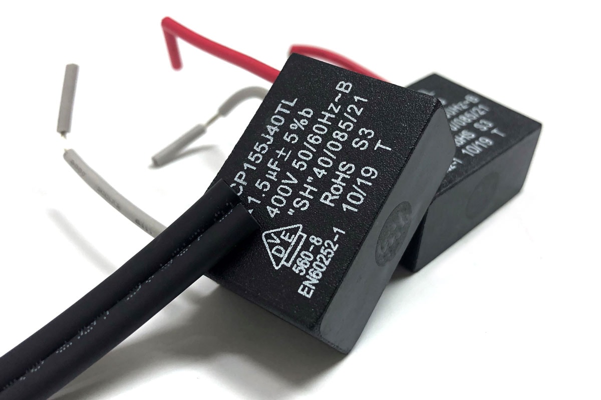 The pedestal fan Capacitors 2 wires 1.5 UF with 2 heat shrinkable tubes for the Motor Start Capacitors
