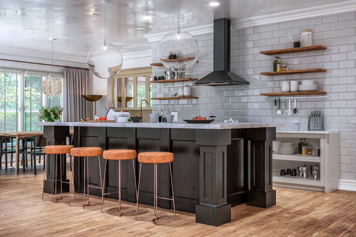 classic kitchen on hardwood floor with a rectangular breakfast rustic kitchen island and brown leather stools