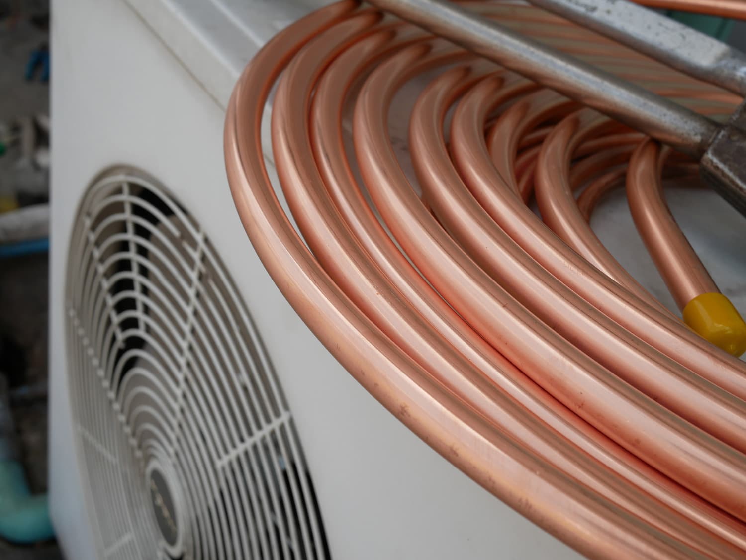 closeup copper pipe for installation of air conditioning systems.