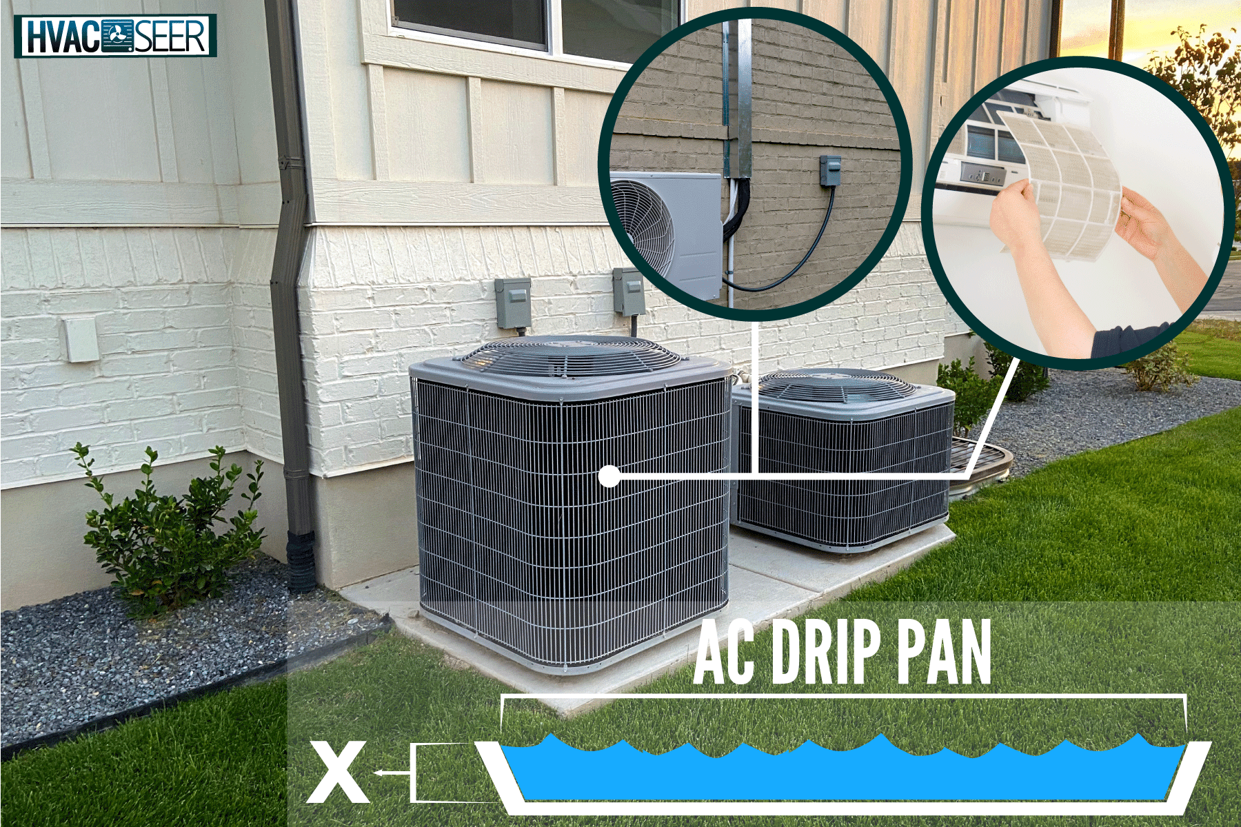 Air conditioning units mounted on concrete slabs at the back of a house, How Much Water Should Be In An AC Drip Pan?