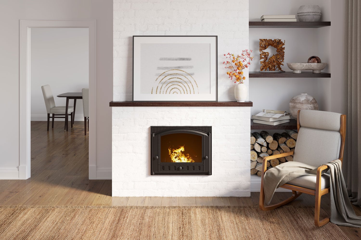 A white painted fireplace inside a white living room with laminated flooring