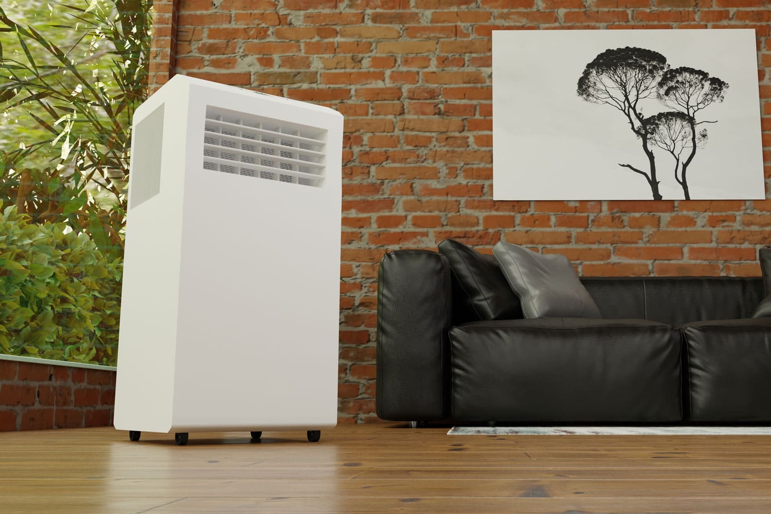 A white portable AC unit inside a brick walled living room