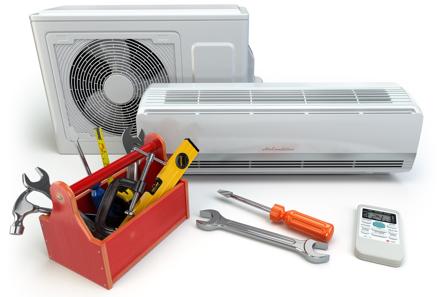 Air conditioner with toolbox and tools. Repair of air-conditioner concept