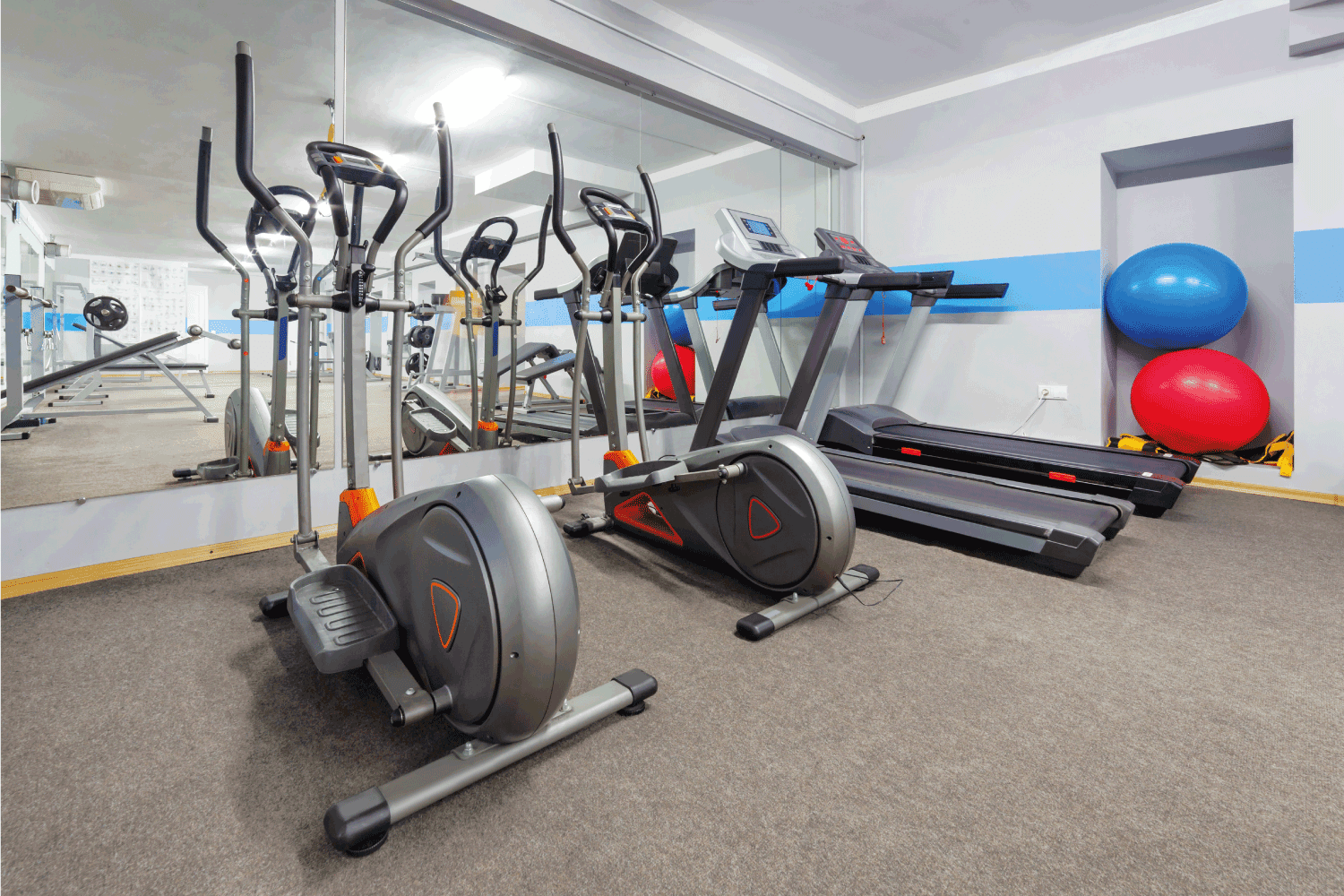 Cardio zone in modern gym. Ellipticals and treadmills.