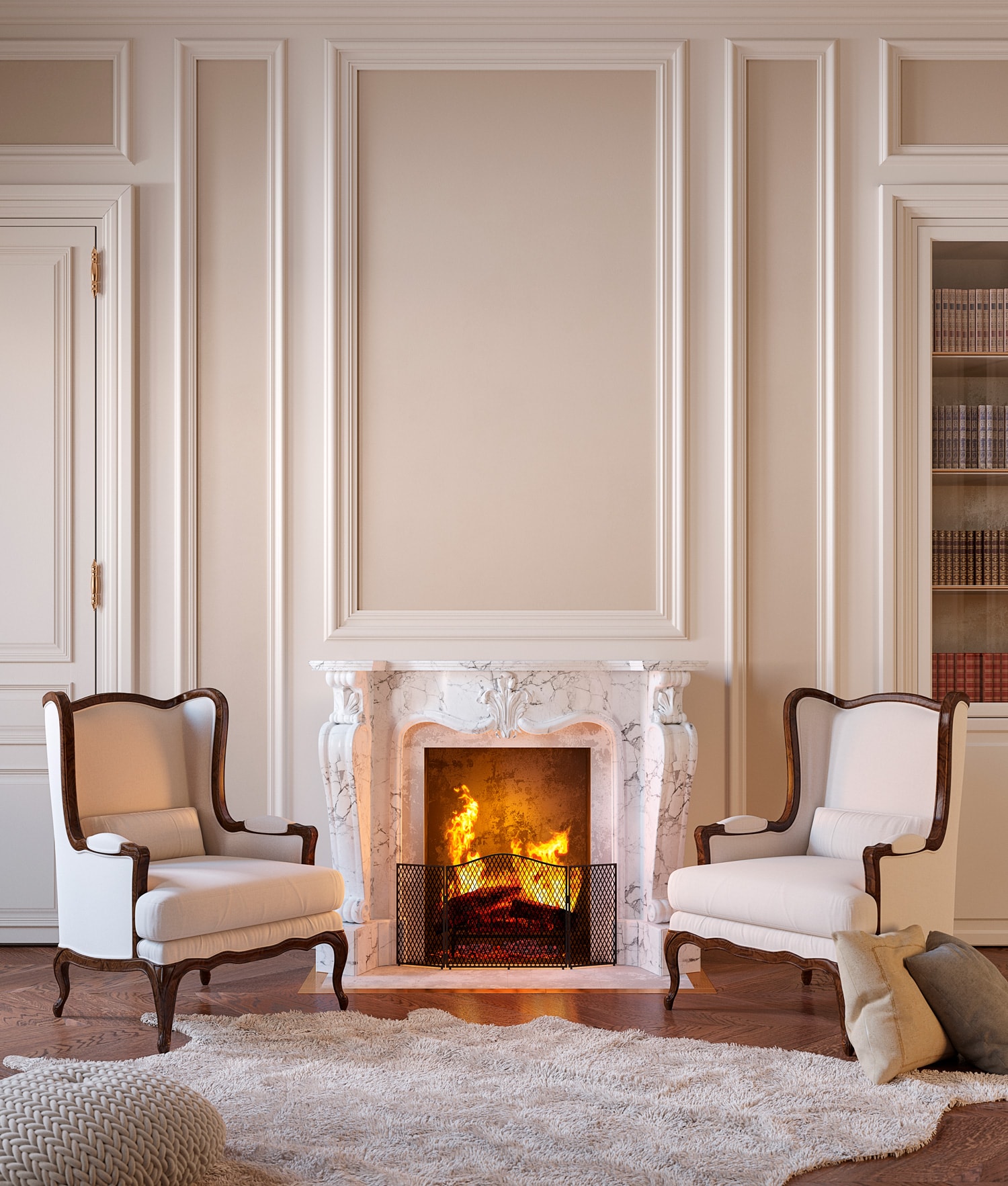 Classic beige interior with fireplace, armchairs, moldings, wall pannel, carpet, fur. 3d render illustration mock up.