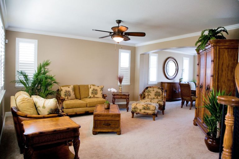 Classic living room with light color furnitures and brown ceiling fan, What Size Ceiling Fan For 12X12 Room?
