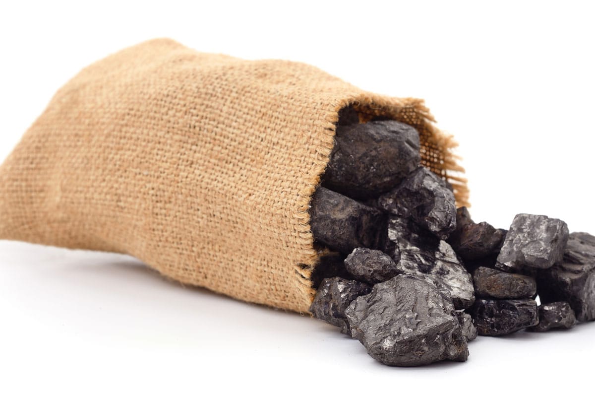 Coals scattered on a white background with a sack