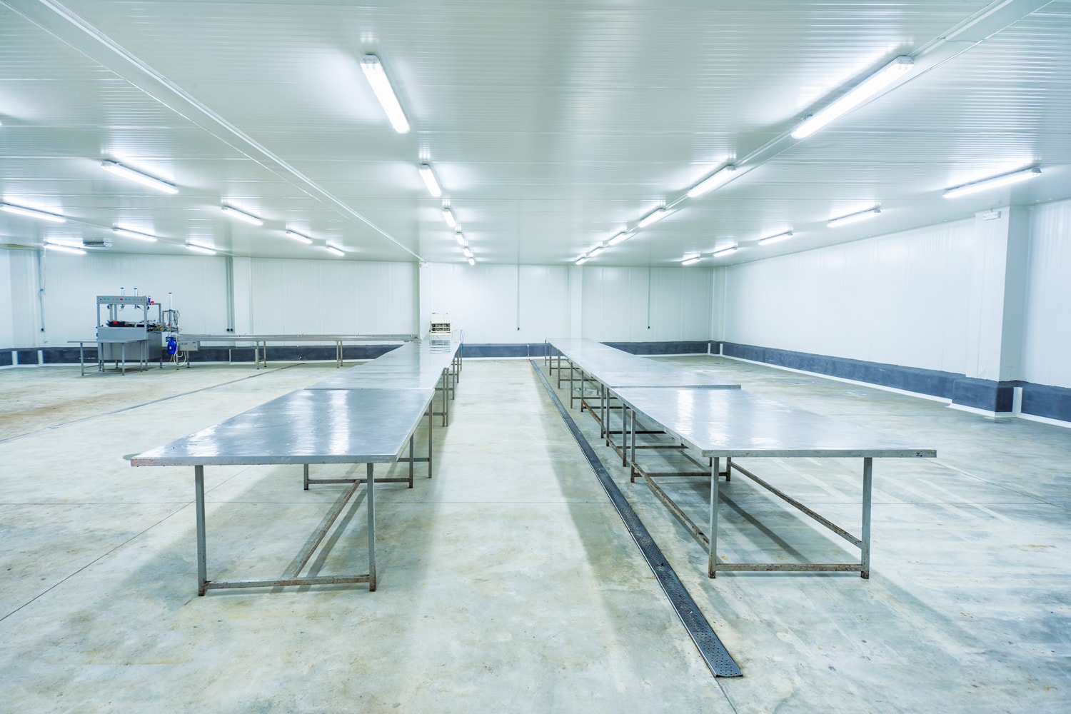 Empty storage in a meat processing factory. Big Industrial refrigerator or dryer for any kind of food, meat, fruit or vegetable. From -10 to -80 degrees celcius.