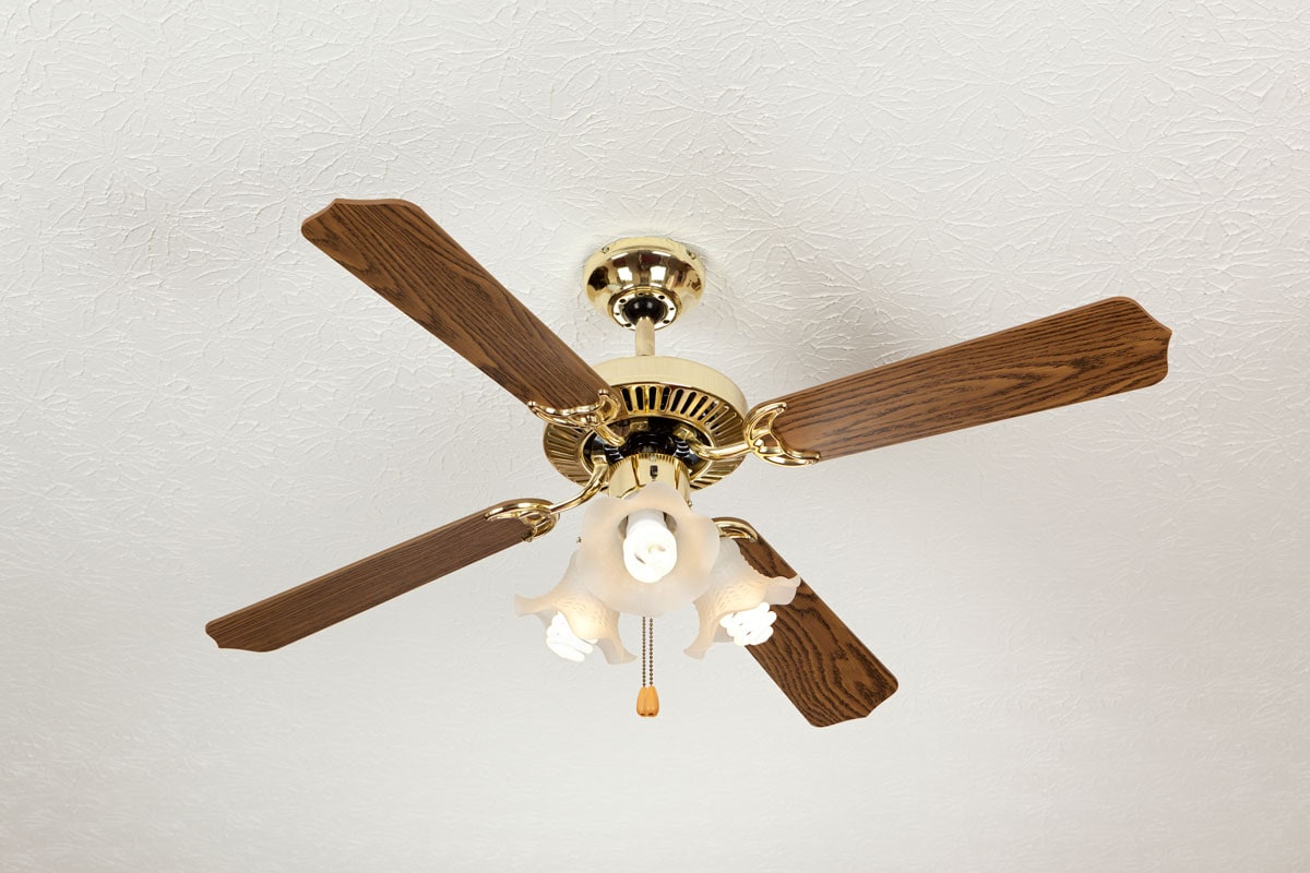 Elegant traditional ceiling fan with brown blades and bright lights