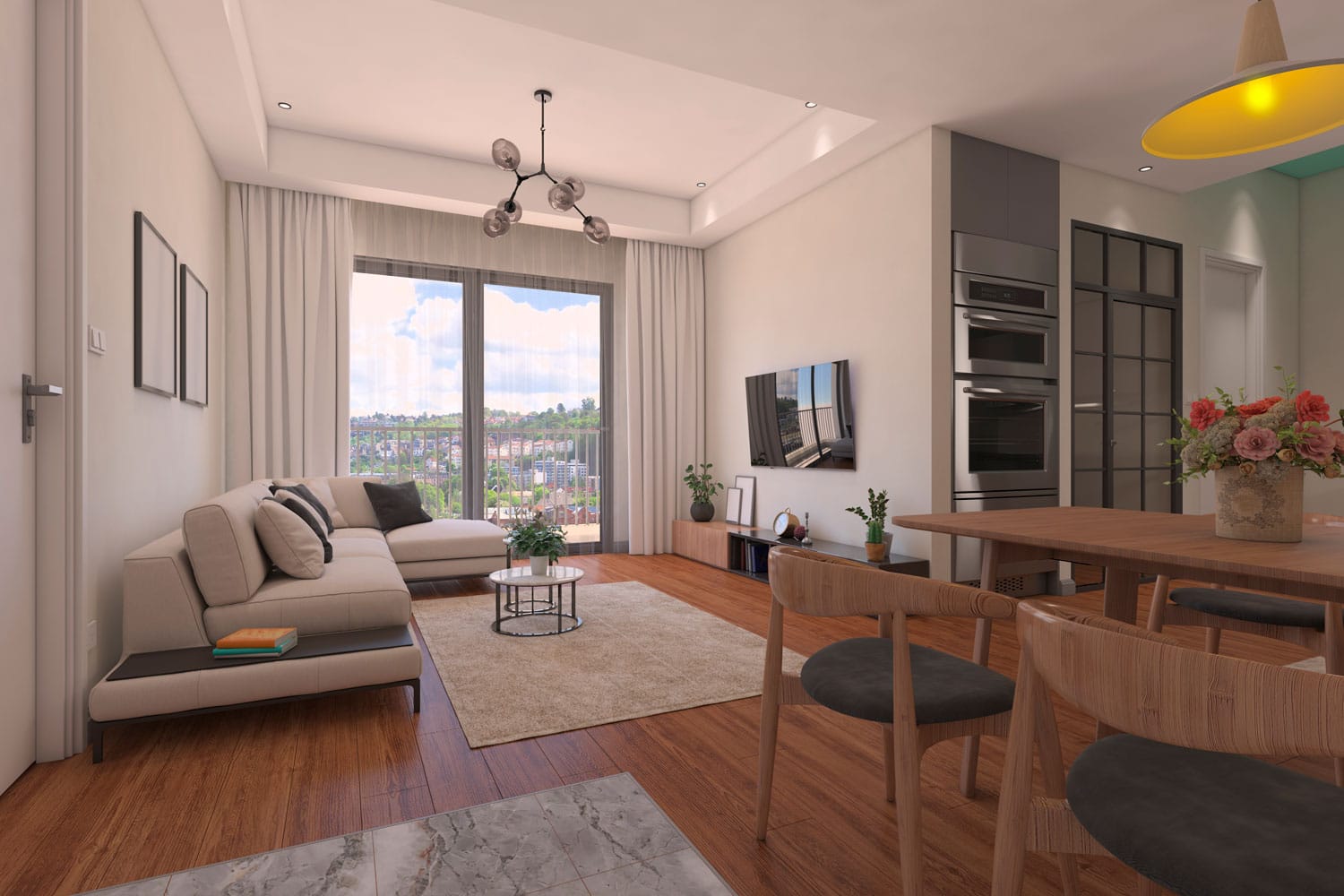 Luxurious spacious living room at condominium with hardwood flooring and white walls with matching curtains