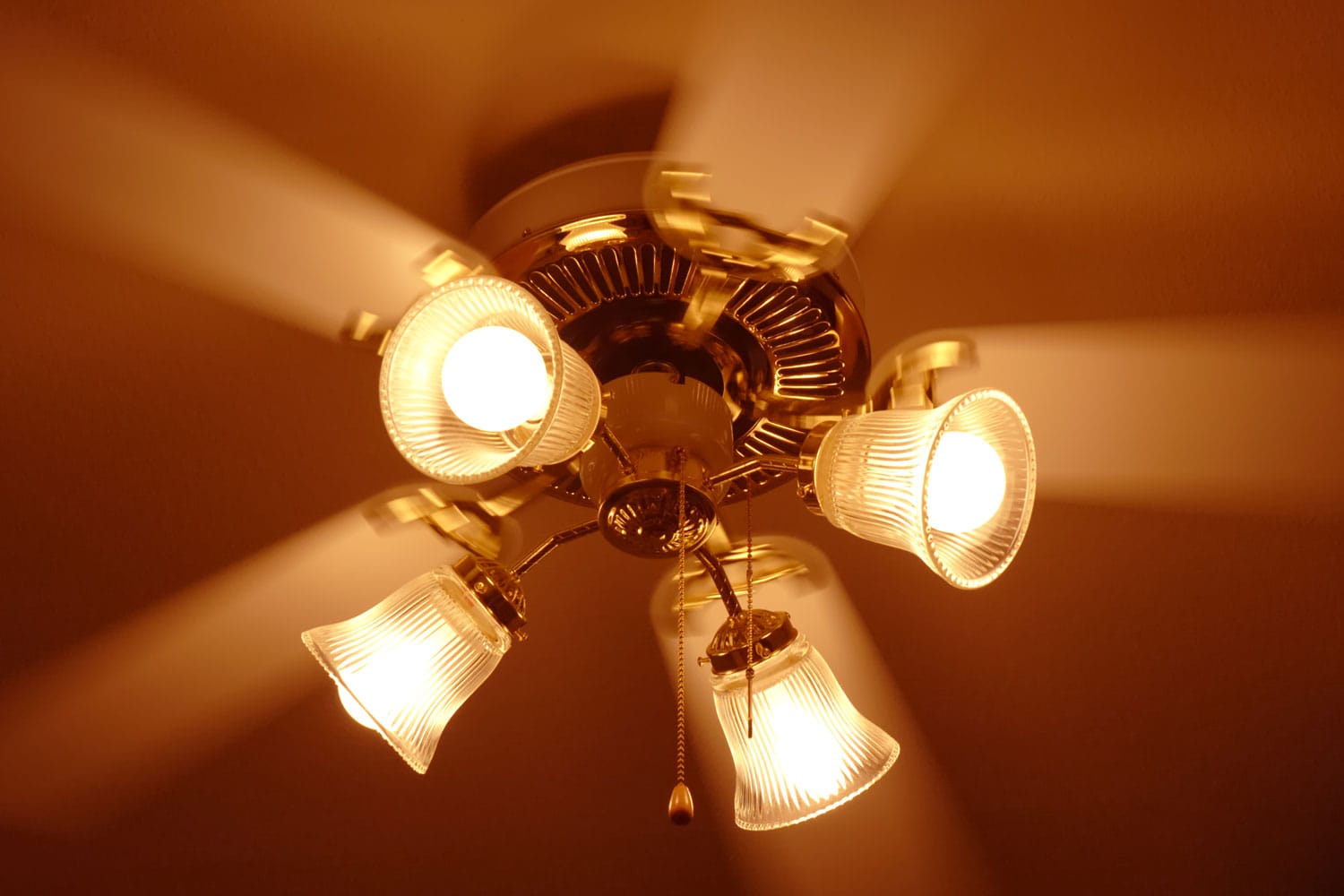 Modern ceiling fan with four glass housed light bulb