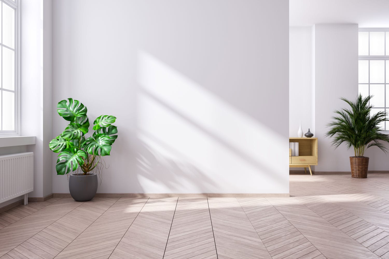 Plants inside a white living room with patterned flooring