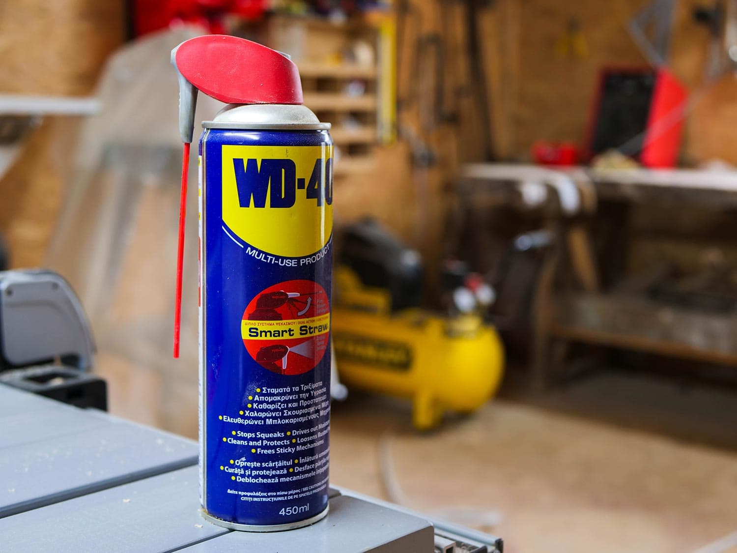 WD 40 multi use oil in a small woodworking shop