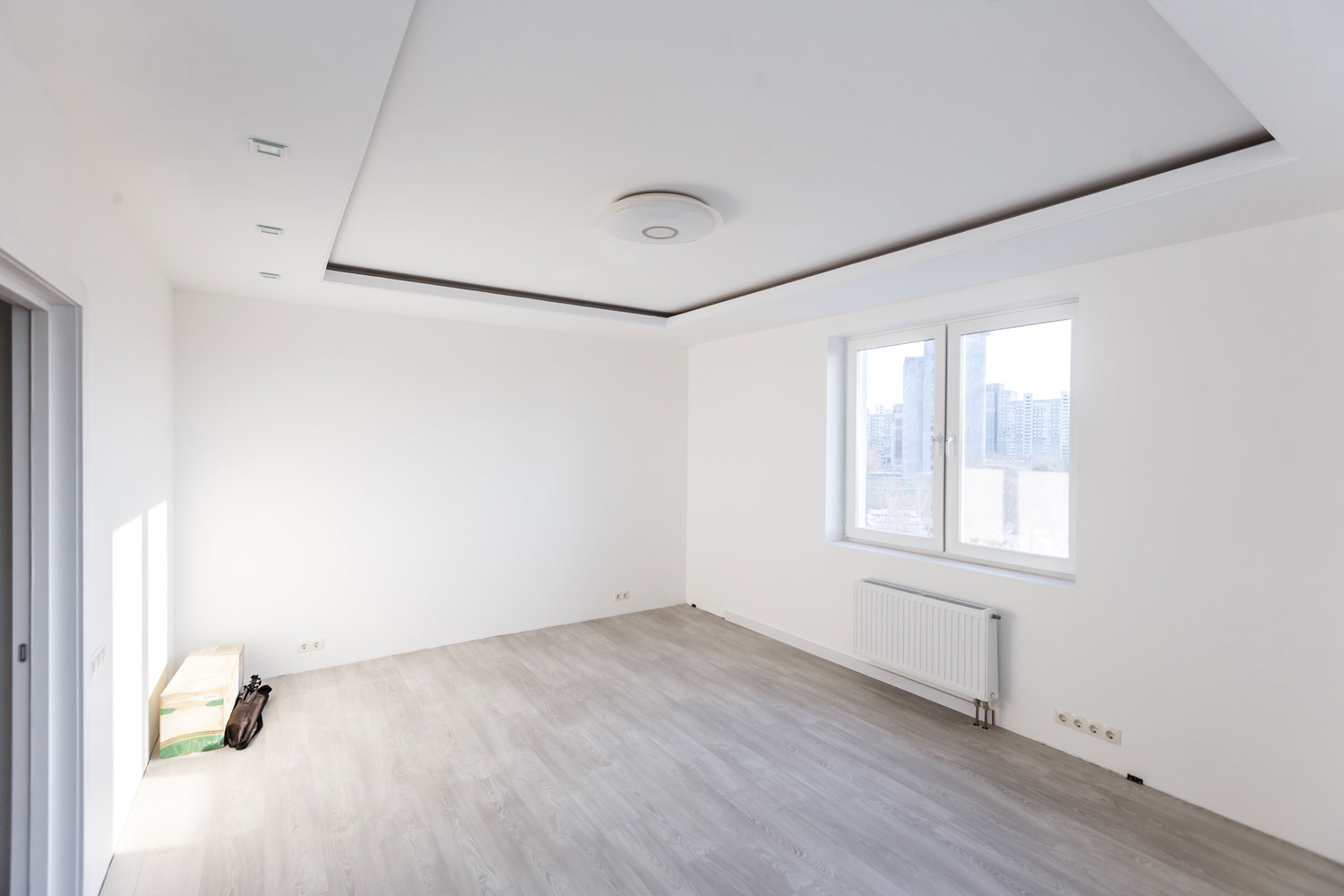 White living room interior with white walls and light laminated flooring