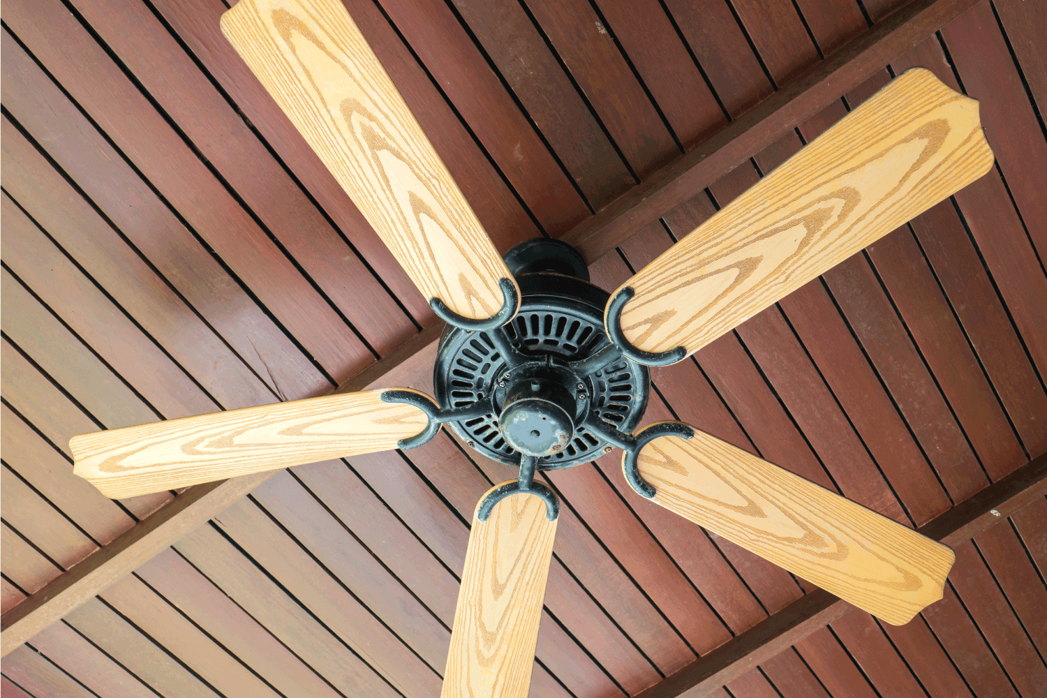 ceiling fan with wooden blades under a wooden ceiling
