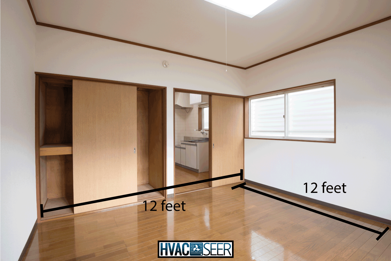 12 by 12 feet vacant room with wooden floor and cabinet. How Many BTU For 12X12 Room [Everything You Need To Know]