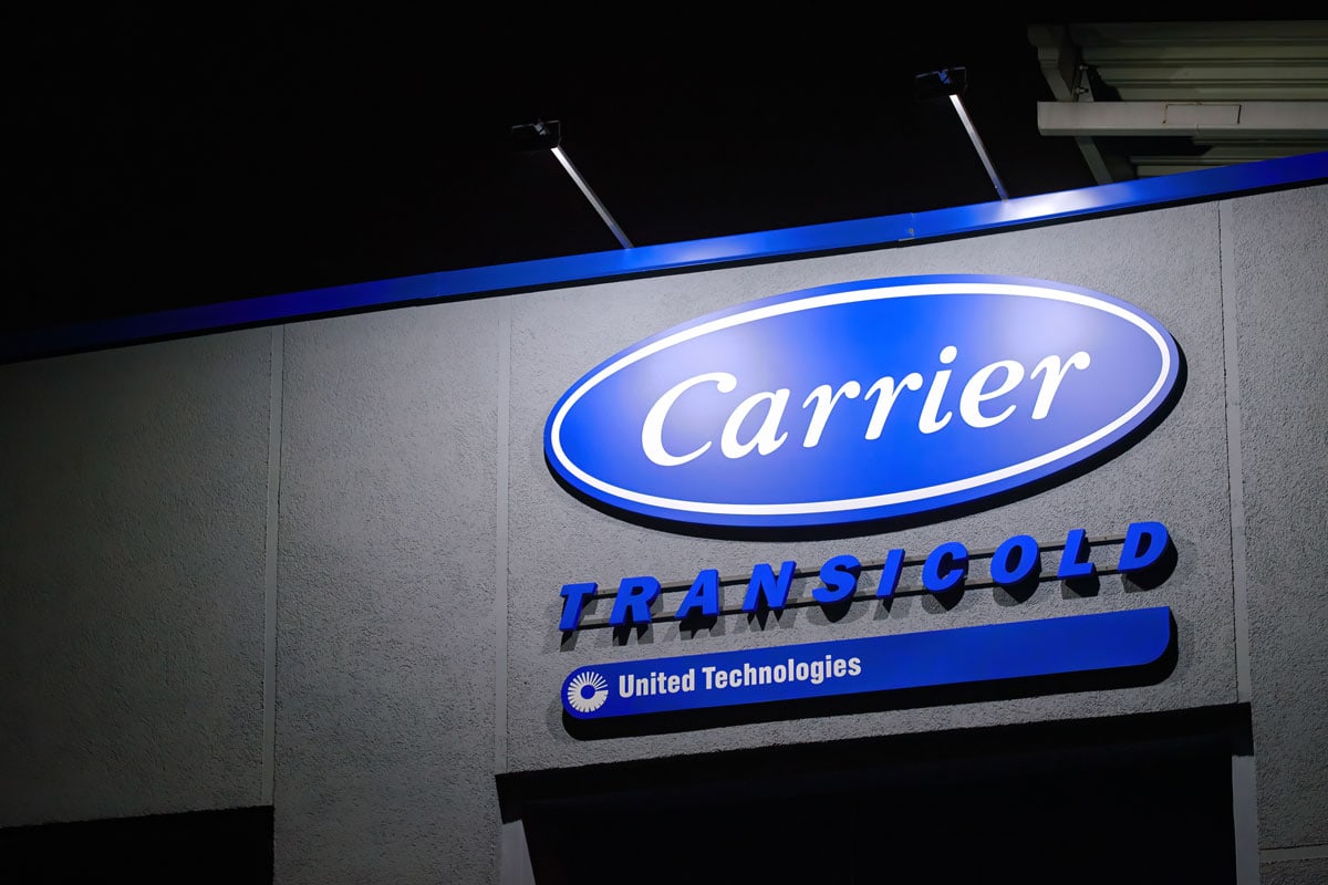 A huge Carrier logo outside a factory