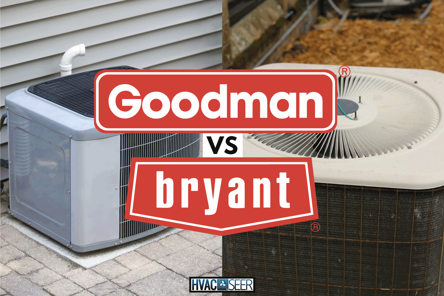 Air conditioner on a residential home up close. autumn season around an air conditioner outdoor unit. Goodman AC Vs Bryant Which To Choose