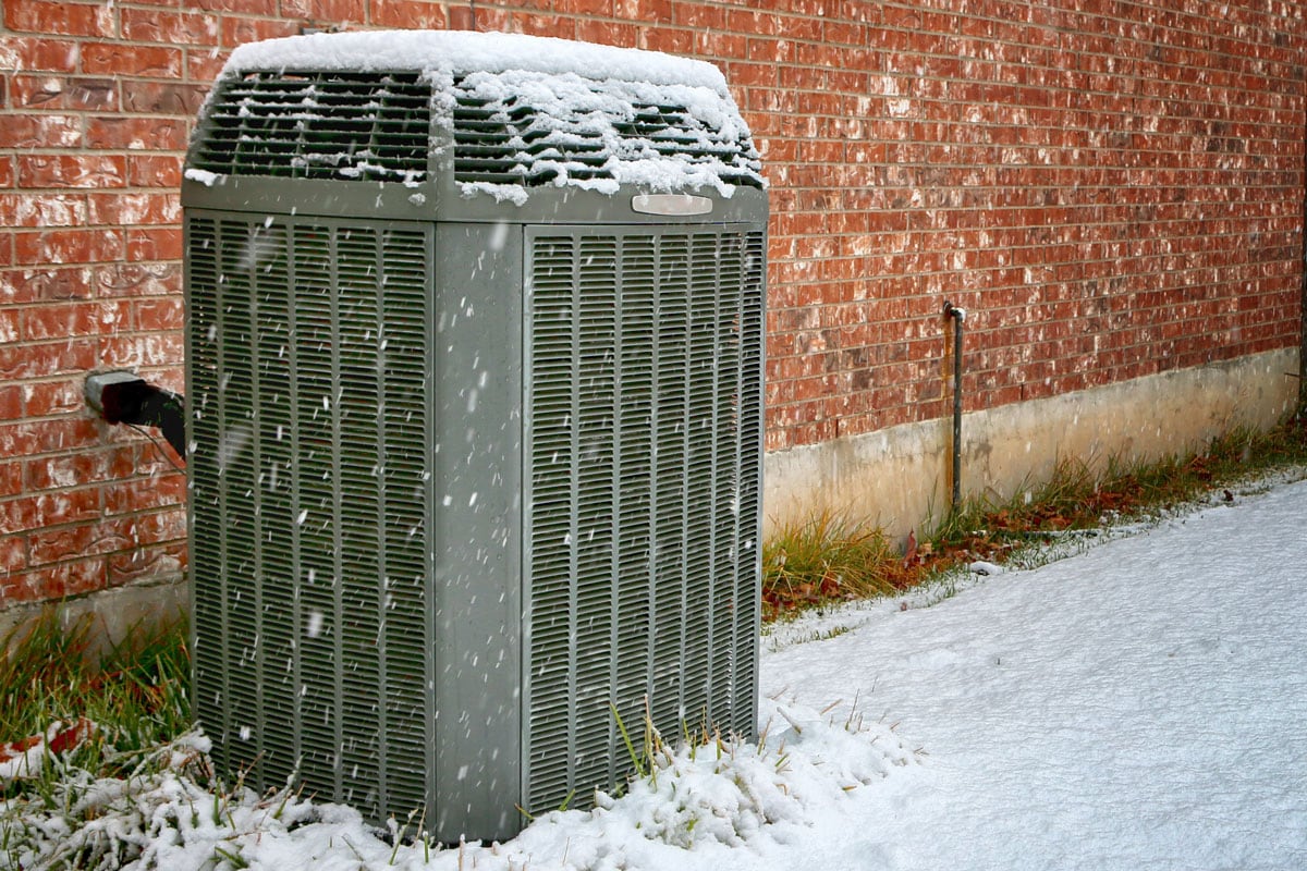 Air conditioning unit photographed on a snowy day