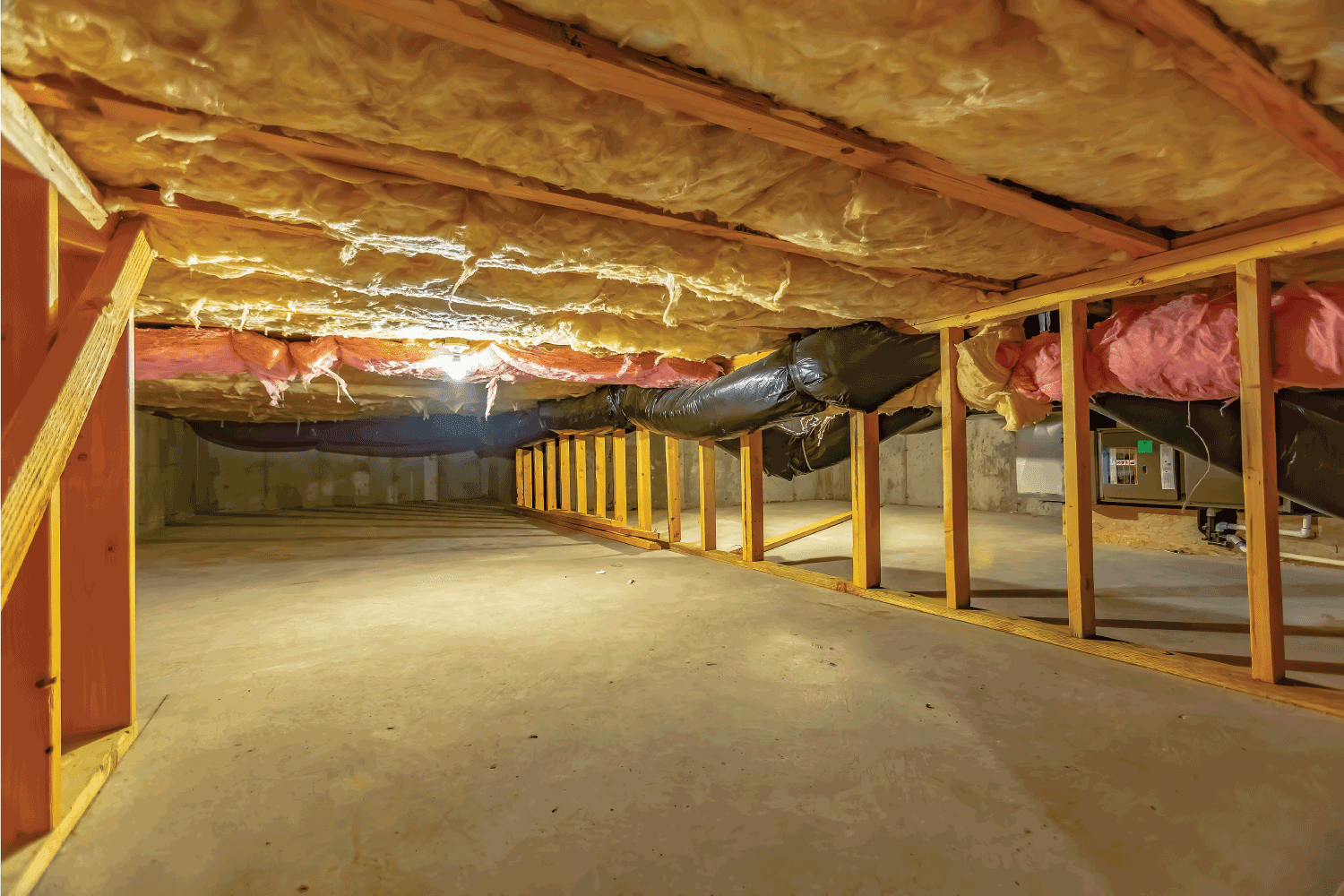 Basement or crawl space with upper floor insulation and wooden support beams. An area of limited height under the floor of a house with concrete wall and floor.
