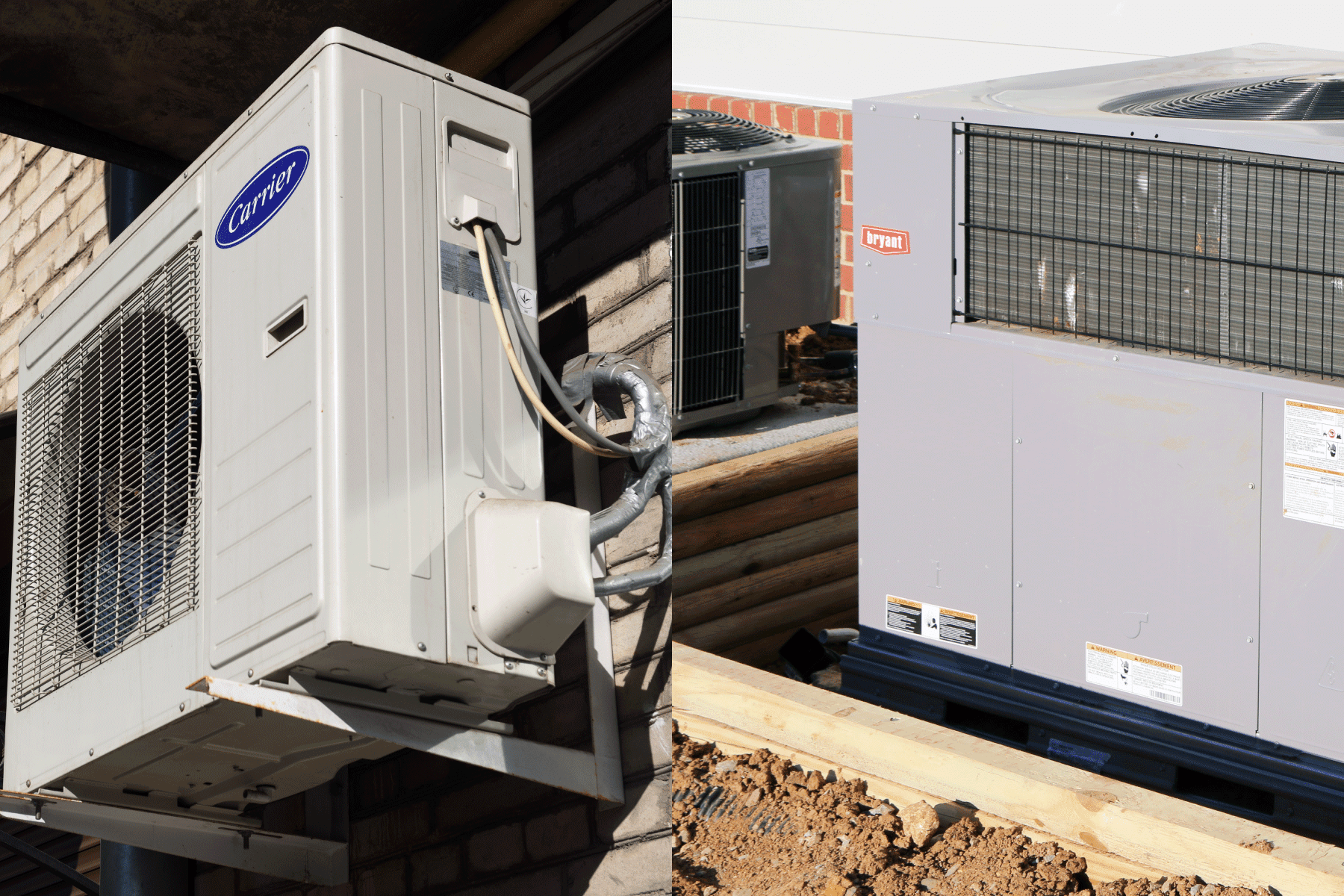Collaged photo of a Carrier and Bryant air conditioning