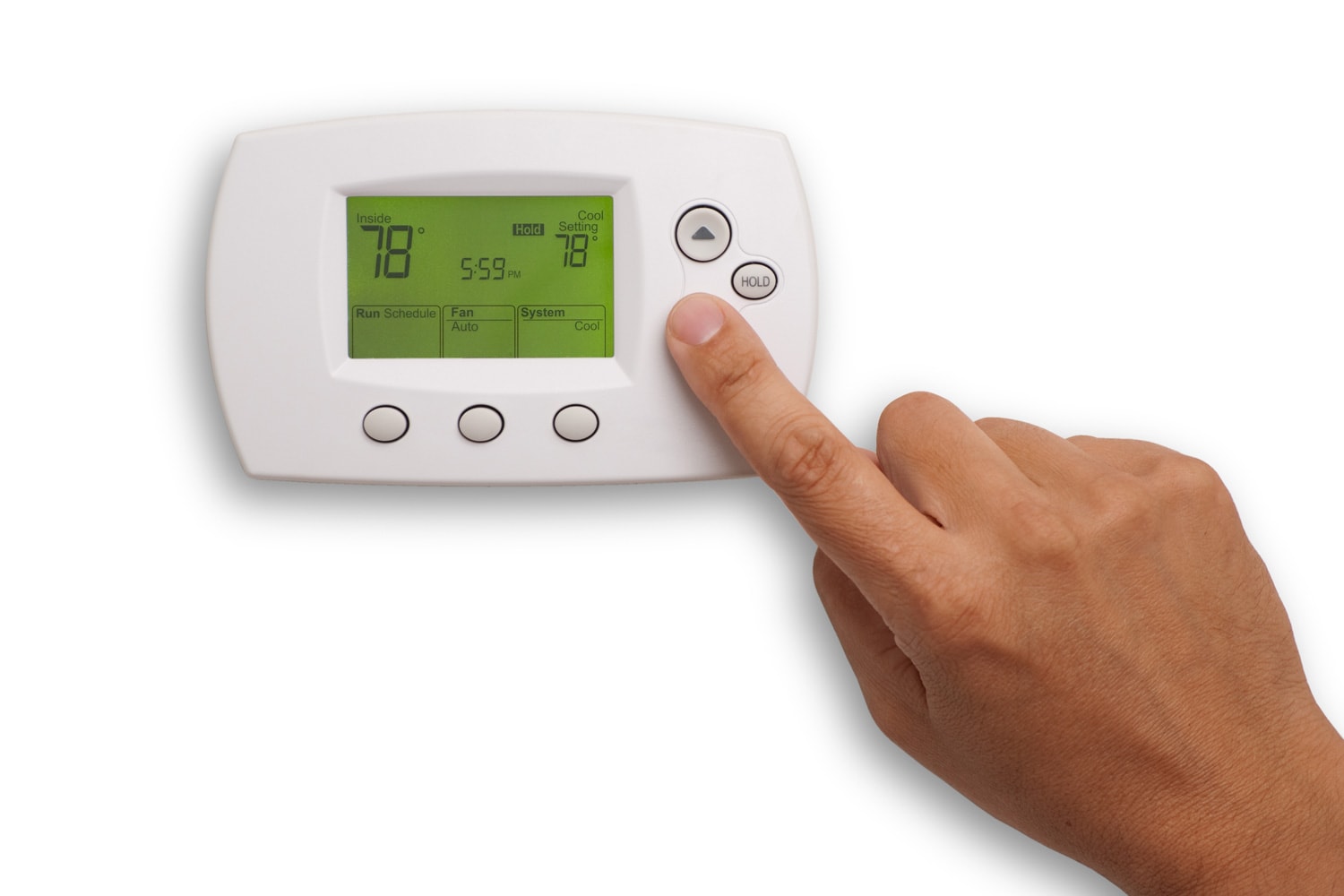 Digital Thermostat with a male hand, set to 78 degrees Fahrenheit. Saved with clipping path for thermostat and hand combined, isolated on white background.