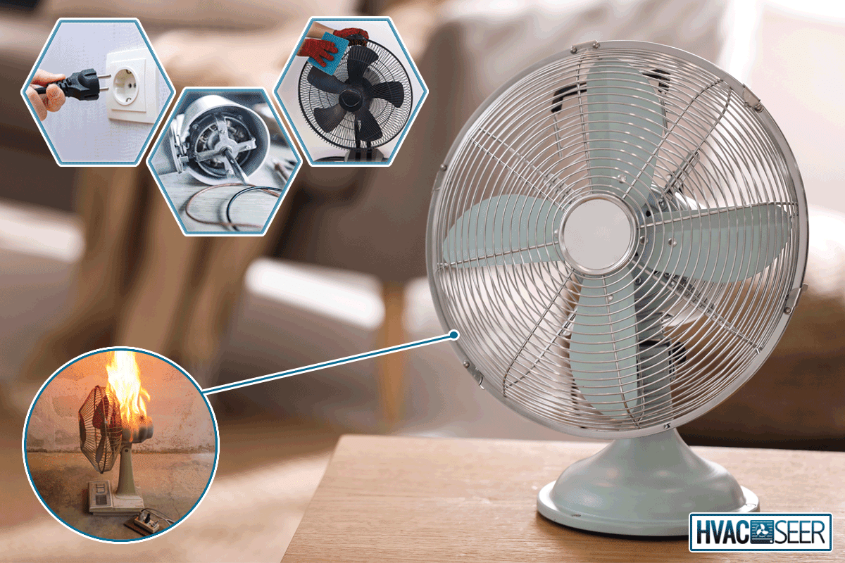 A modern electric fan on wooden table in living room, Electric Fan Overheating - What To Do?