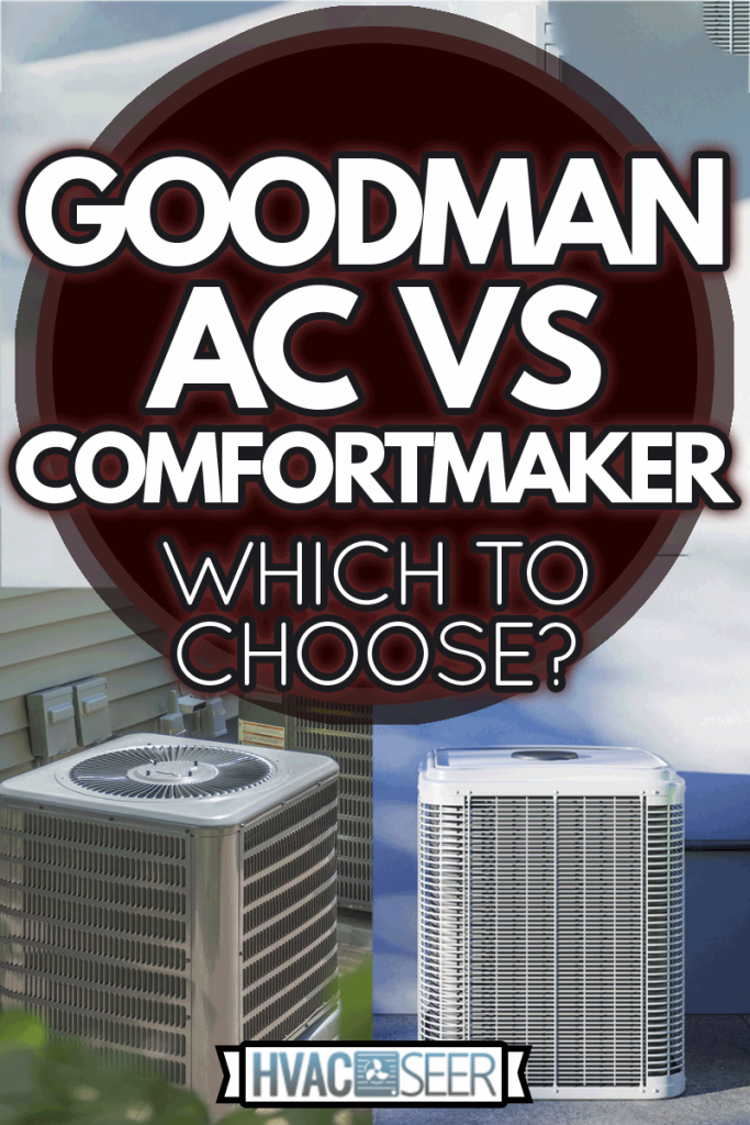 a collage of HVAC heating and air conditioning residential units and Close-up View Of Air Conditioning Outdoor Units In The Backyard, Goodman AC Vs Comfortmaker: Which To Choose?