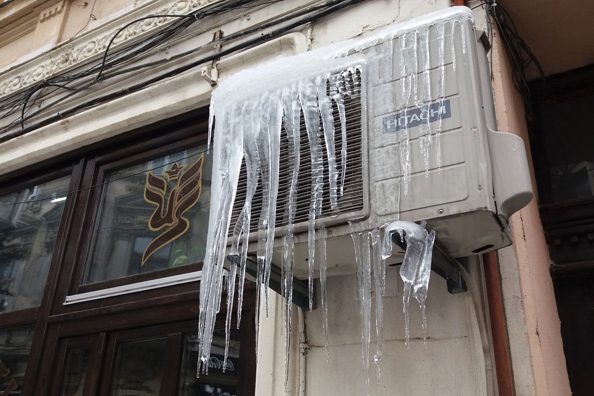 Icicles on an air conditioner in downtown Bucharest, Romania