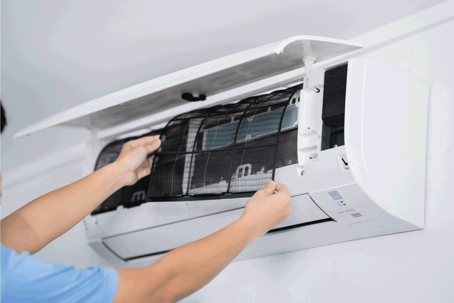 Man hand hold air conditioner filter cleaning concept.