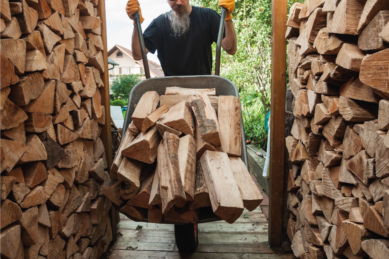 Mid adult man unloading wheelbarrow full of firewoods