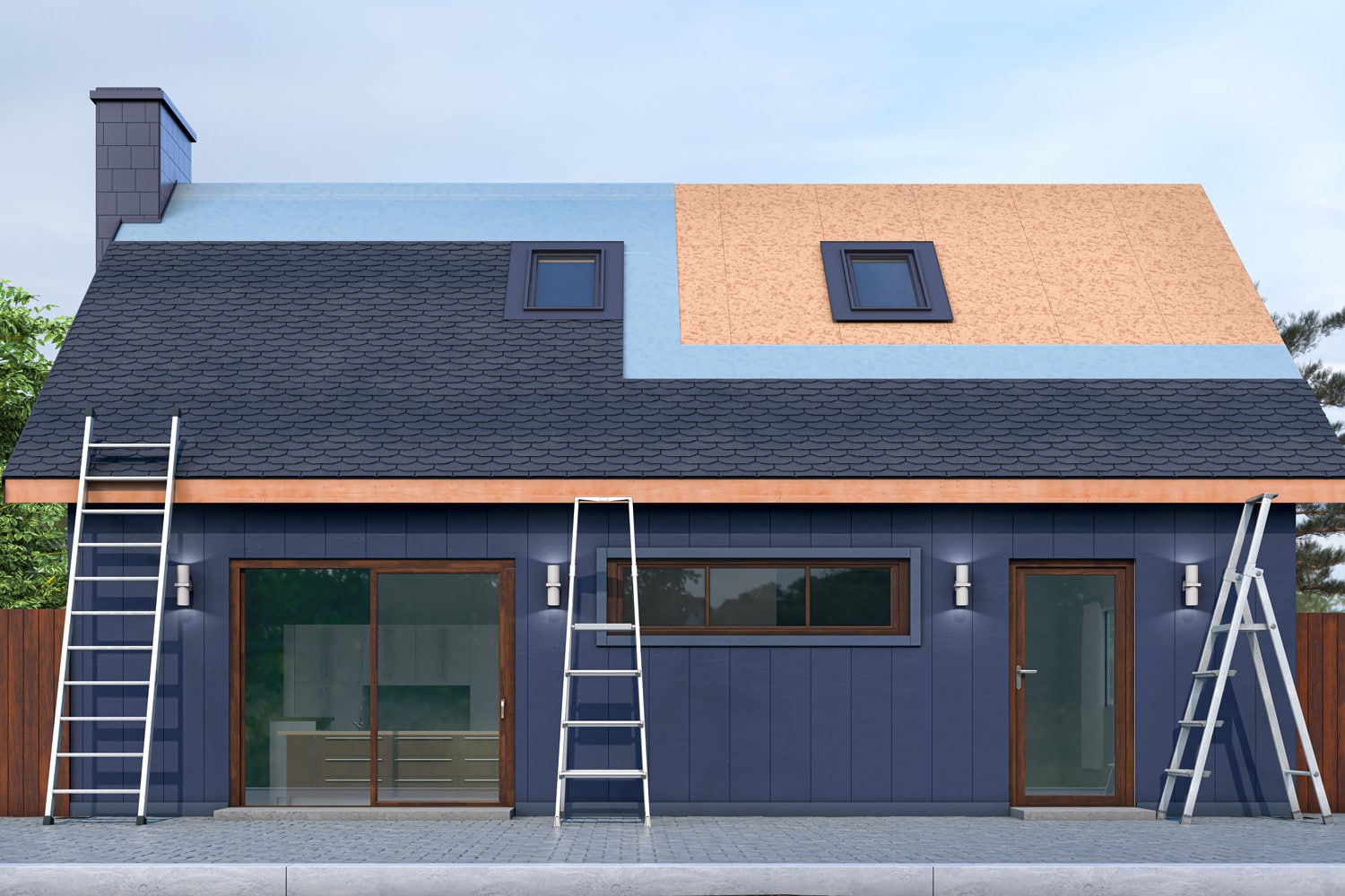 Roofing modern modular house with asphalt shingle roof.