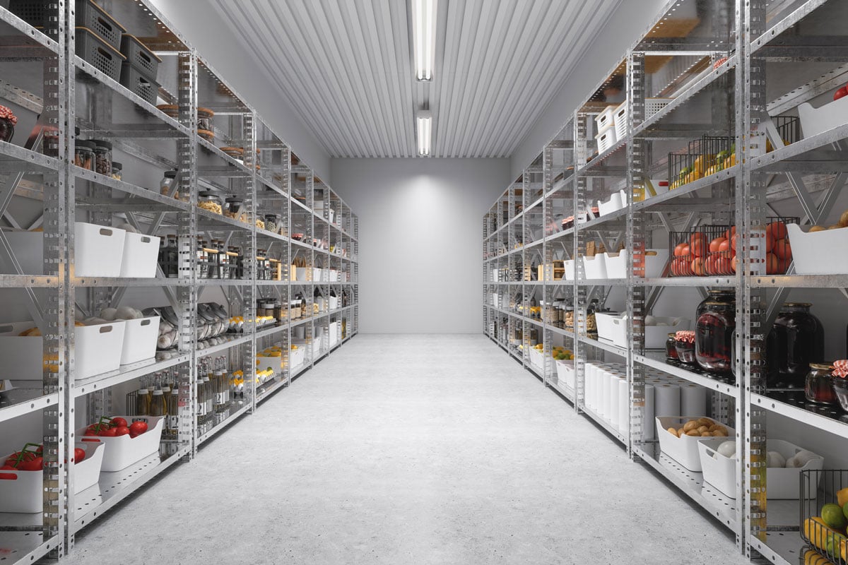 Storage Room Of A Restaurant Or A Cafe With Nonperishable Food Staples, Preserved Foods, Healthy Eating, Fruits And Vegetables