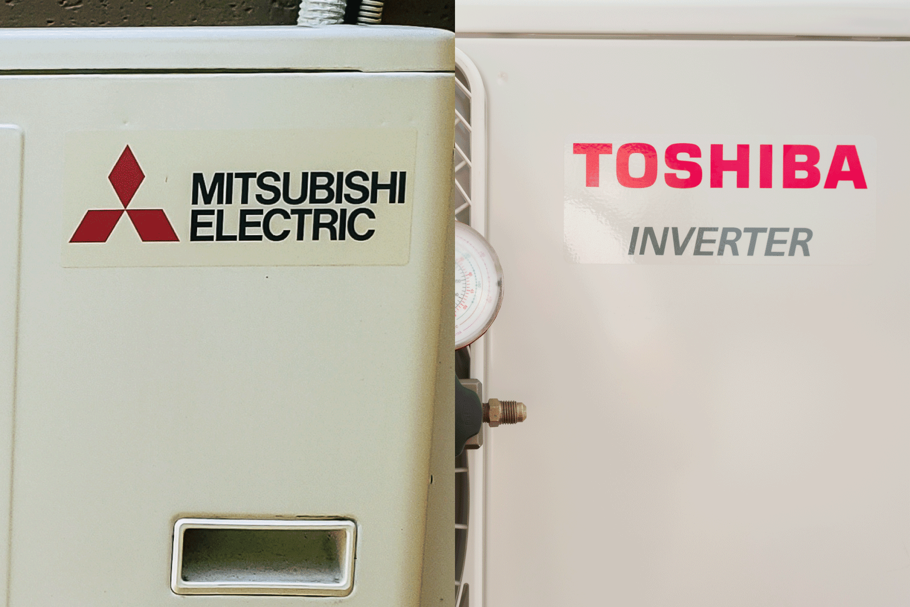 Collaged photo of Mitsubishi and Toshiba air conditioning units