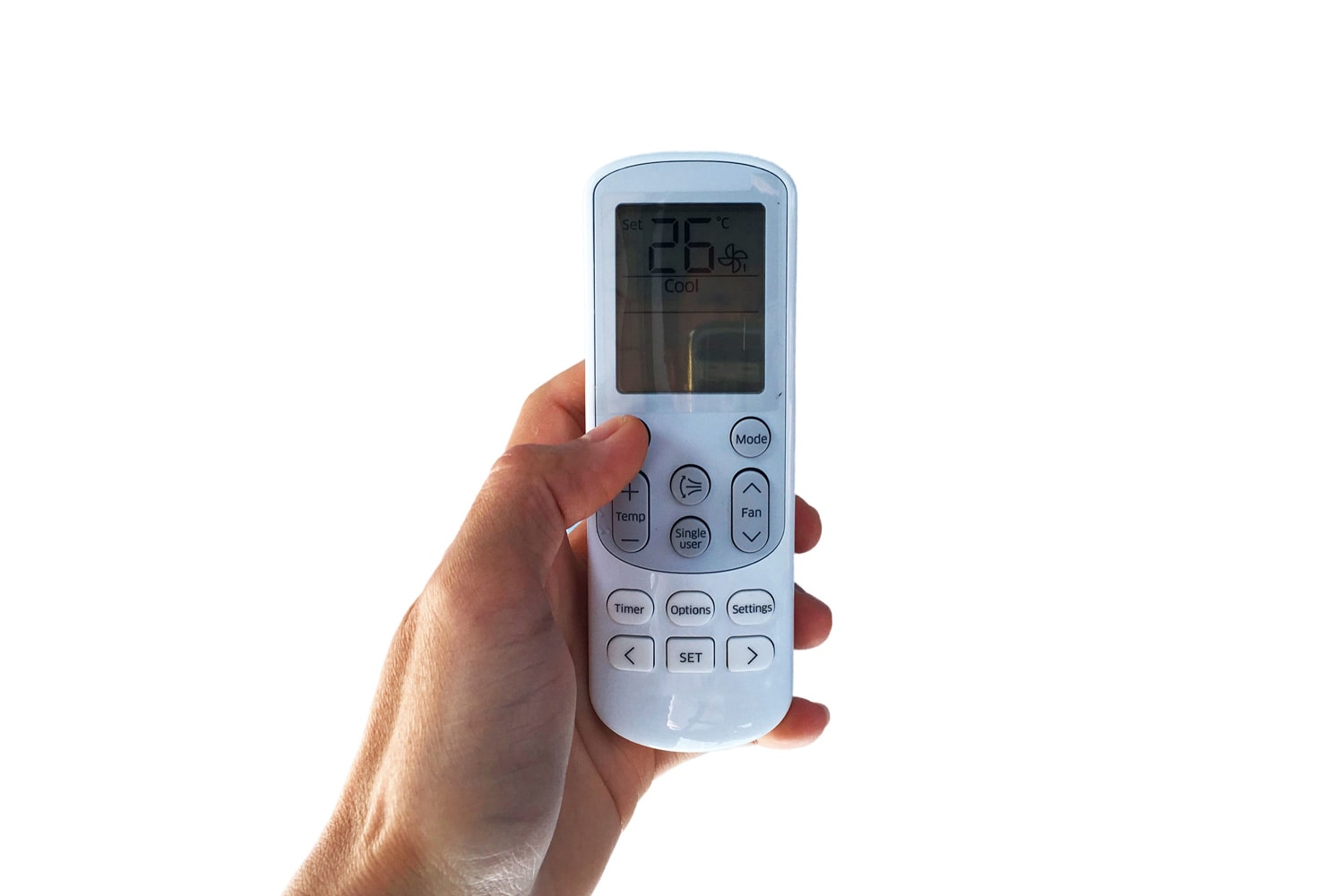 Using hand press remote control for air conditioning.