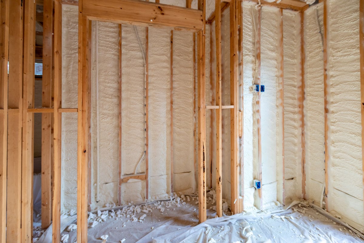 Walls with spray foam insulation in new house construction