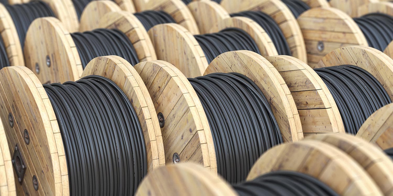 Warehouse with wooden coil wire electric cable