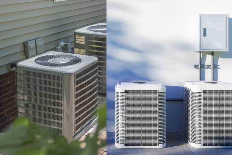 a collage of HVAC heating and air conditioning residential units and Close-up View Of Air Conditioning Outdoor Units In The Backyard, Goodman AC Vs Comfortmaker: Which To Choose?