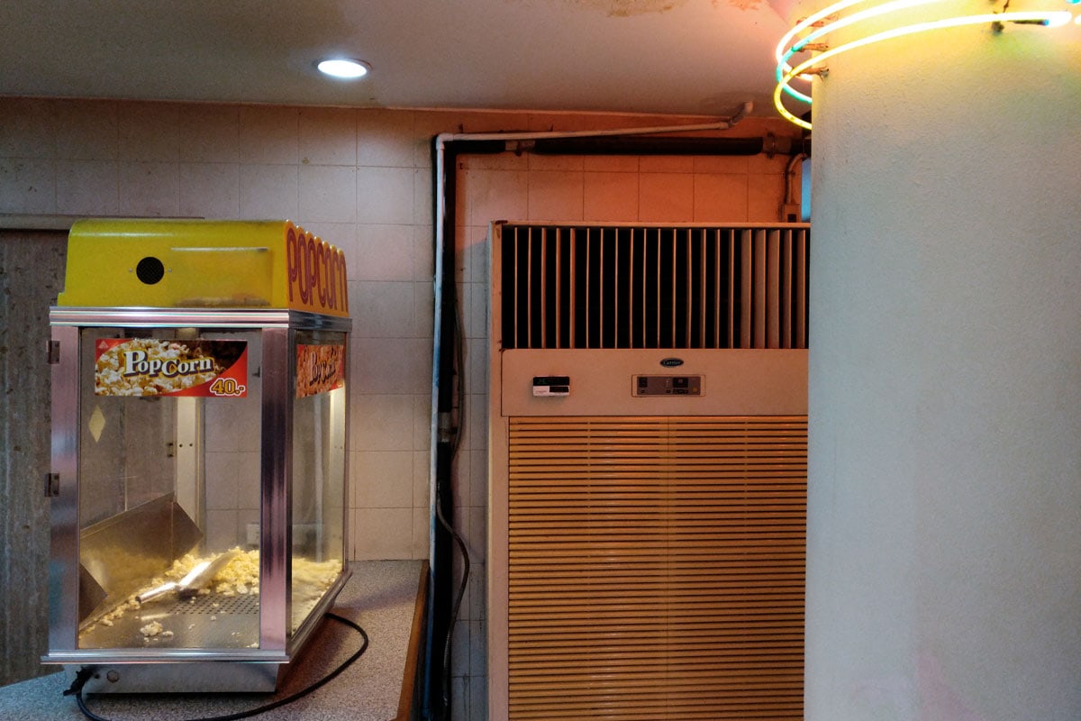 old models of air conditioner and pop corn box still in use at Lido cinema