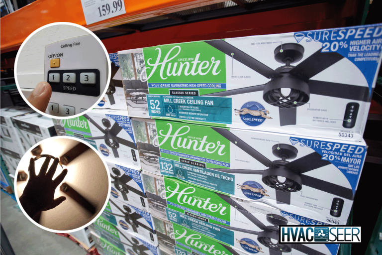 several packages of Hunter ceiling fan in store. finger near a ceiling fan remote. man reaching for ceiling fan. How To Reverse A Hunter Fan