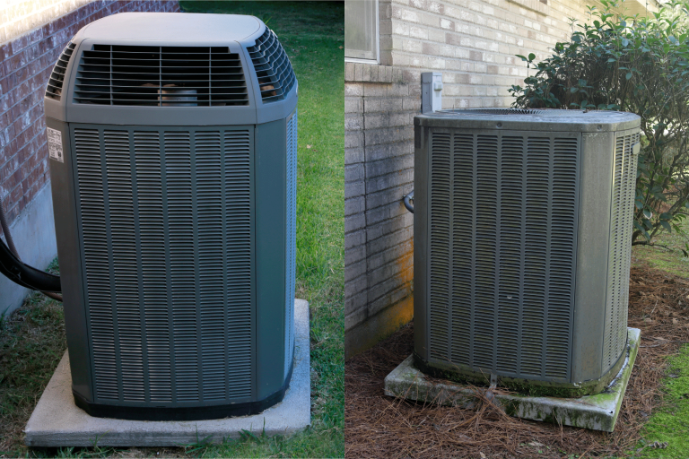A collaged photo of an air conditioning mounted on concrete slab, 13 SEER Vs 14 SEER: Which To Choose?