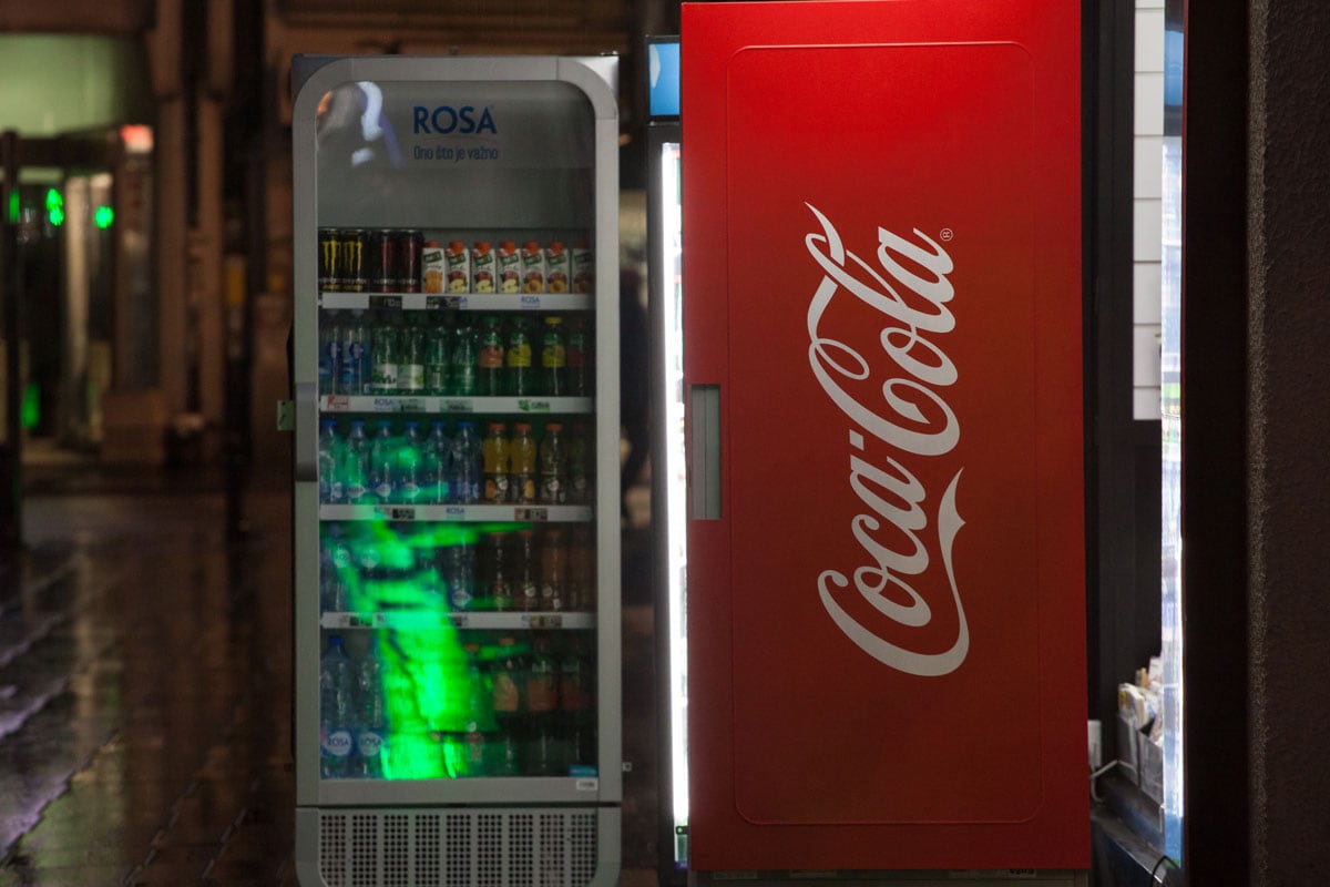 Coca Cola logo on a fridge belonging to the company
