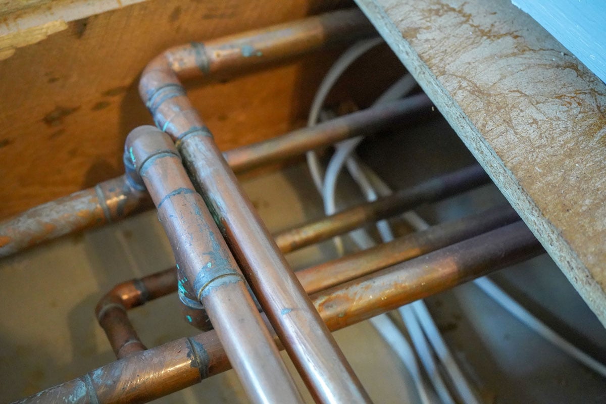 Copper pipes on the walls