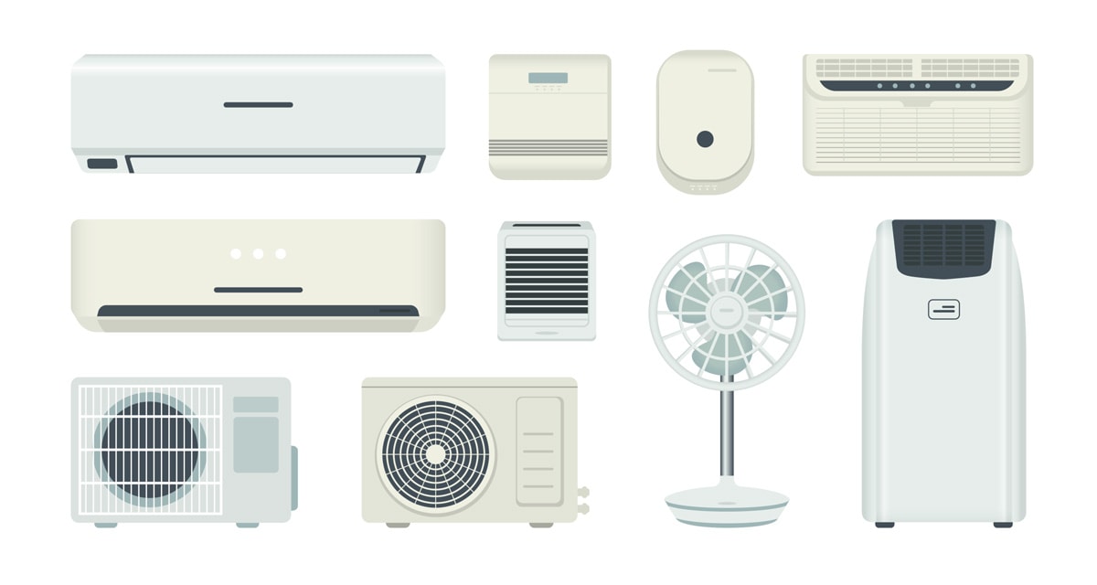 Different kinds of air conditioning units on a white background