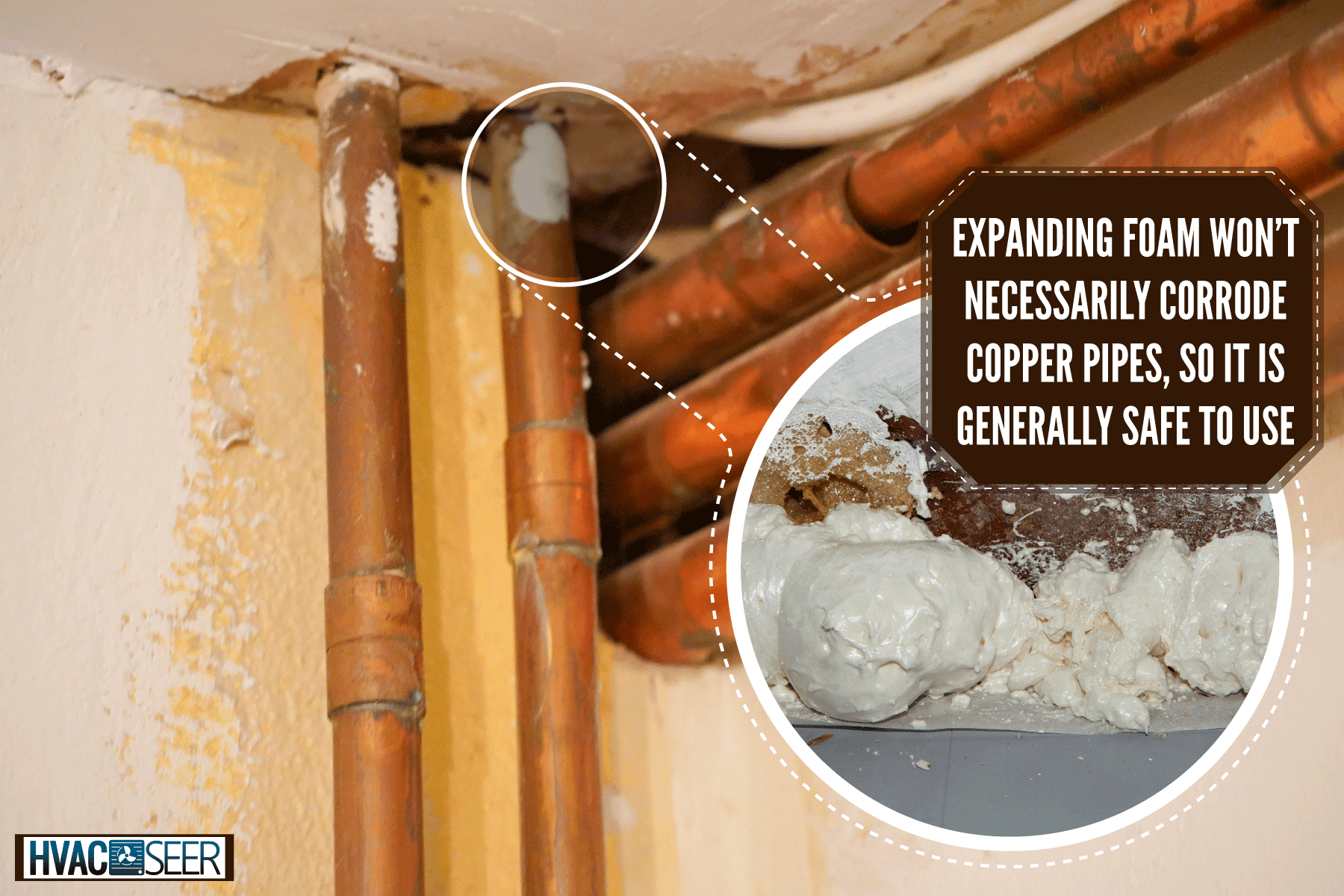 A collaged photo of expanding foam and copper pipes, Does Expanding Foam Corrode Copper Pipes?