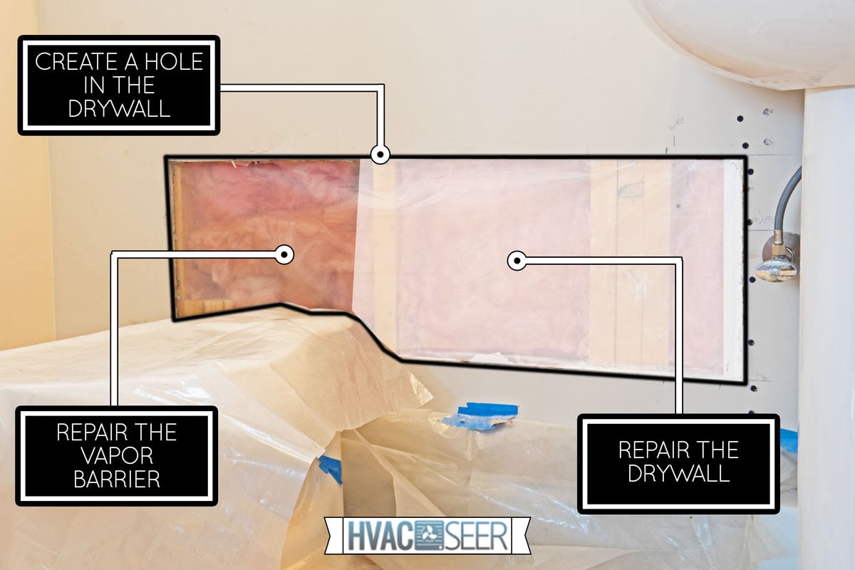 a hole in the drywall has been prepared for patching and a sheet of plastic placed over the insulation to act as a vapor barrier., How To Repair Vapor Barrier Behind Drywall?