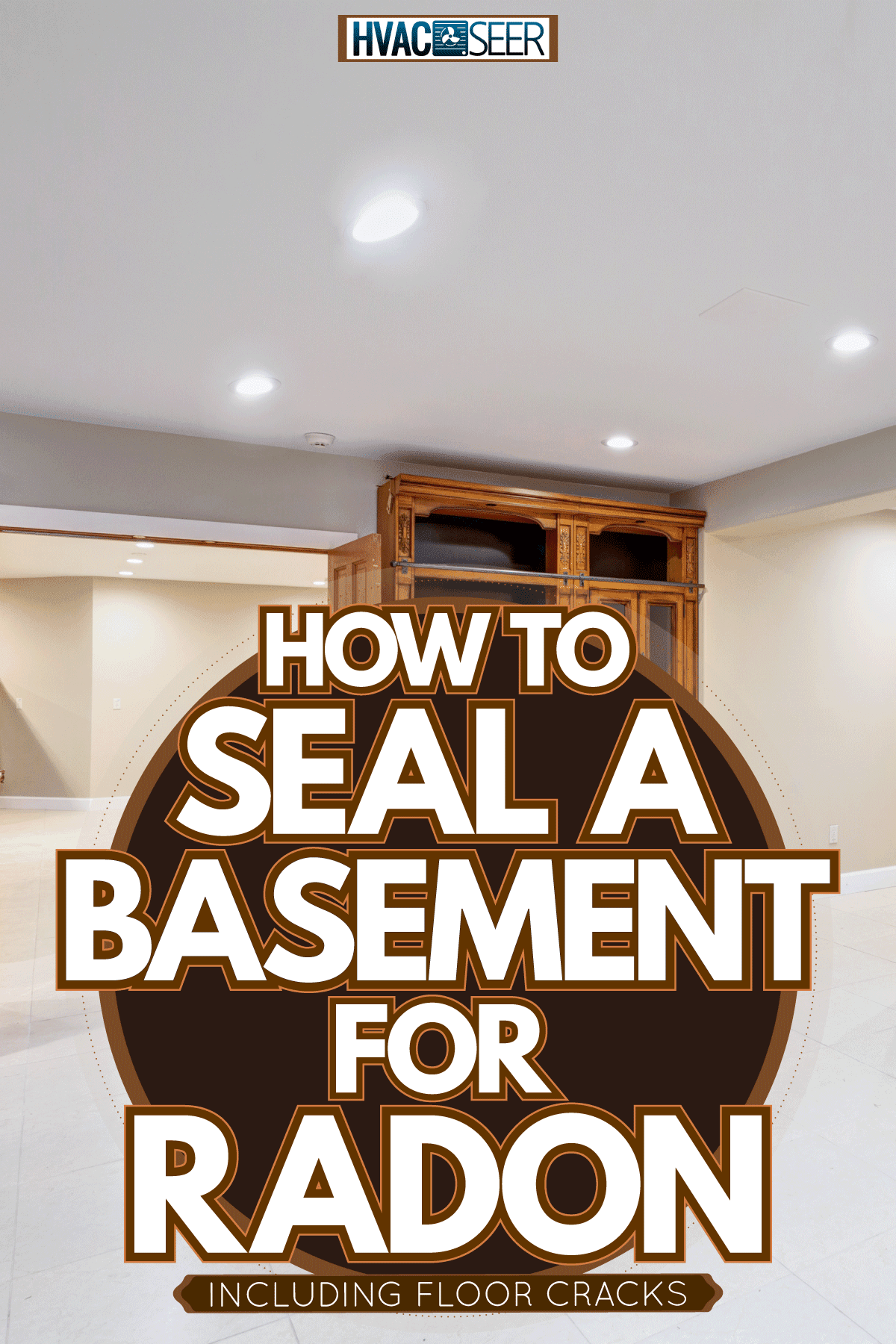 Classic rustic inspired basement with white flooring, wooden cabinets and white tile flooring, How To Seal A Basement For Radon [Inc. Floor Cracks]